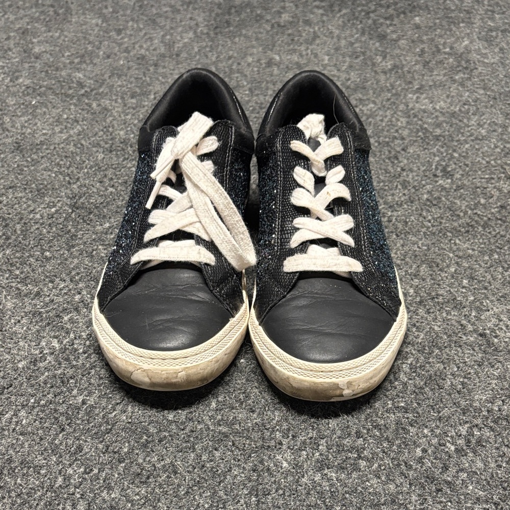 Black and White Casual Sneakers with Blue Sparkles on Sides